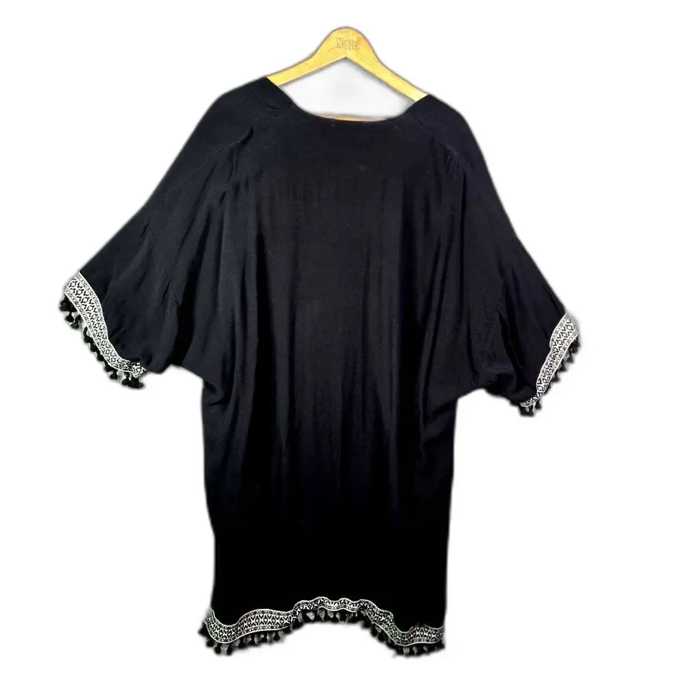 H&M Coachella Open Front Black Tassel Trim Festival Cover Up L Boho